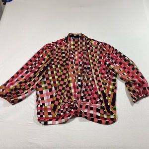 New York & Co. Blouse Sheer Flowy 3/4 Sleeves V-Neck front tie Patterned…